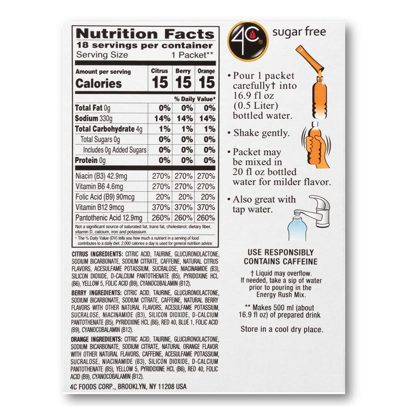 4C Energy Rush Stix, Variety 1 Pack, 18 Count, Single Serve Water Flavoring Packets, Sugar Free with Taurine, On the Go Bundle