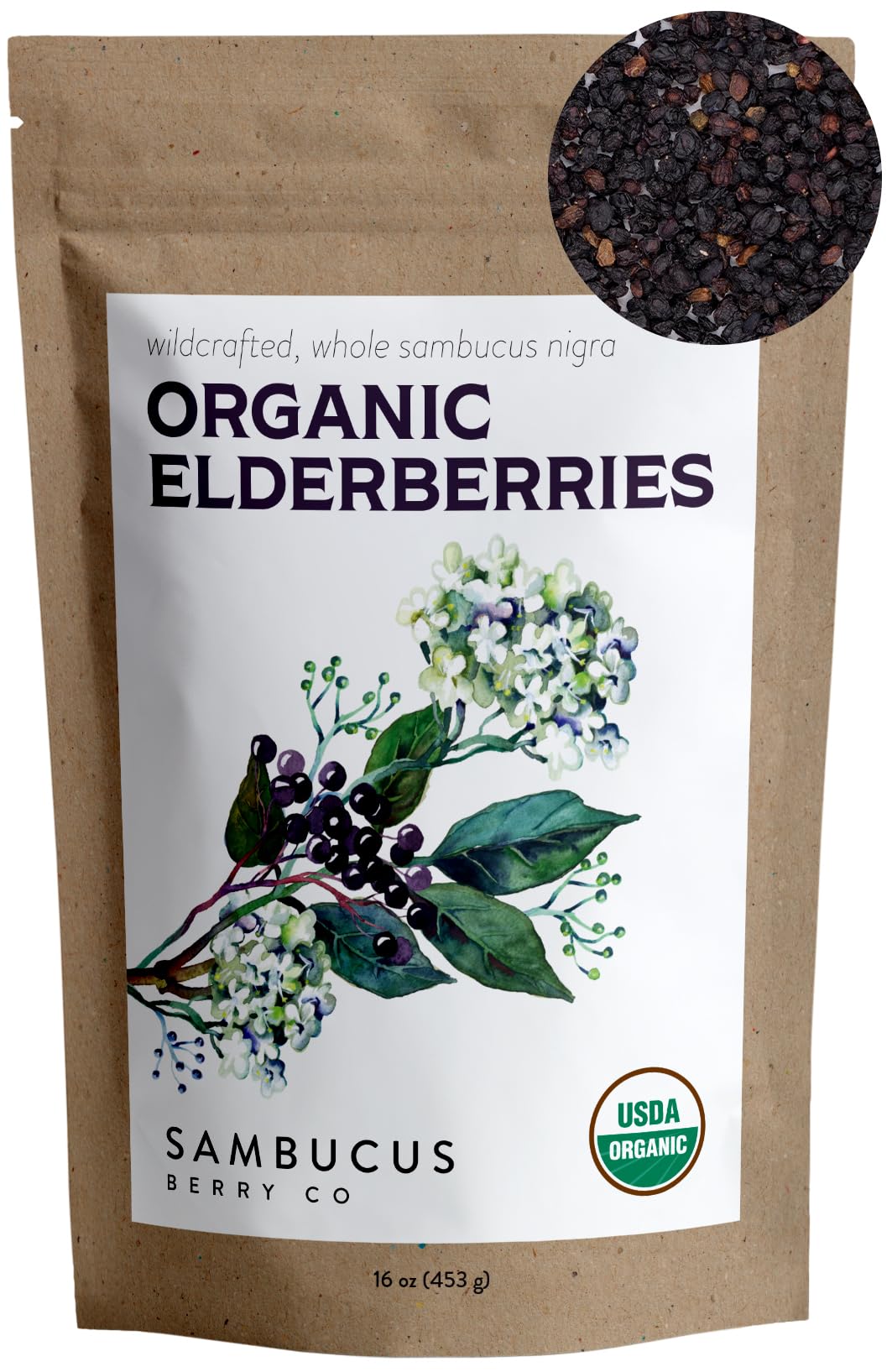 Waterglider International Certified USDA - 100% Organic Dried Elderberries - 1lb Bulk - Non-Irradiated, Non-GMO, Wild Harvest, W