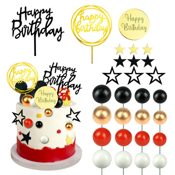 Black Red Gold White Ball Cake Toppers Set, Acrylic Birthday Cake Toppers Star Cake Toppers Mirror Cupcake Topper Ball Shaped Ca