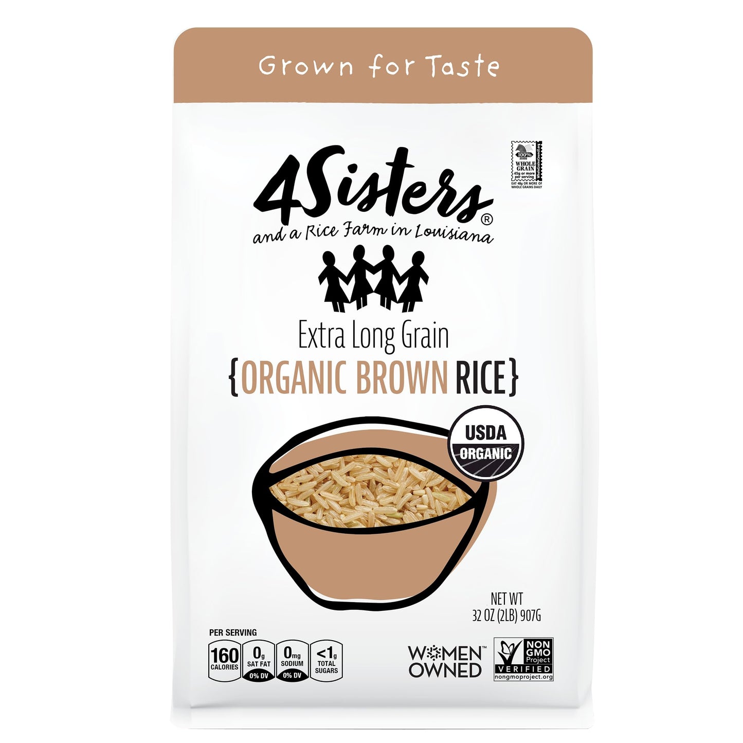 4 Sisters Long grain Brown Rice - Organic - USA grown - Sustainably grown - Women Owned - Farm to Table - 2lb