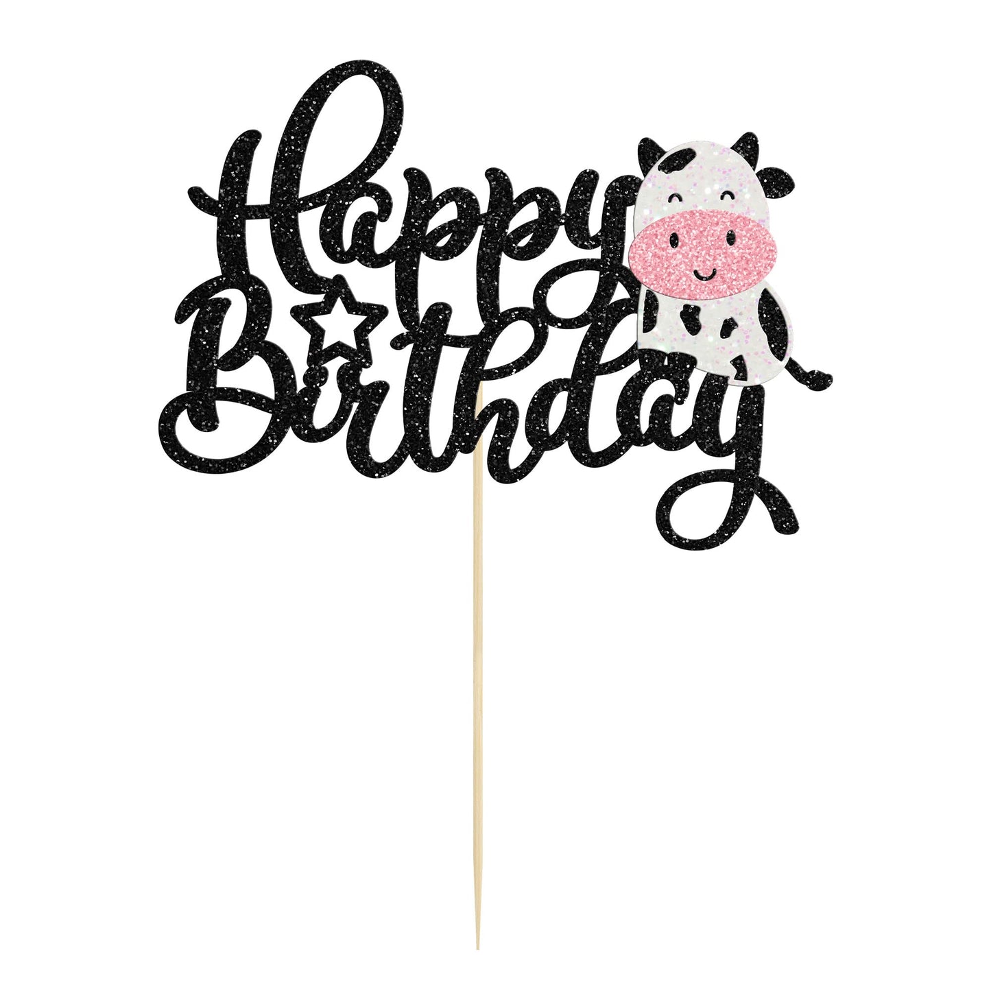 Gyufise 1Pc Cow Happy Birthday Cake Topper Glitter Farm Animals Theme Birthday Cow Cake Decoration For Cow Theme Baby Shower Kid