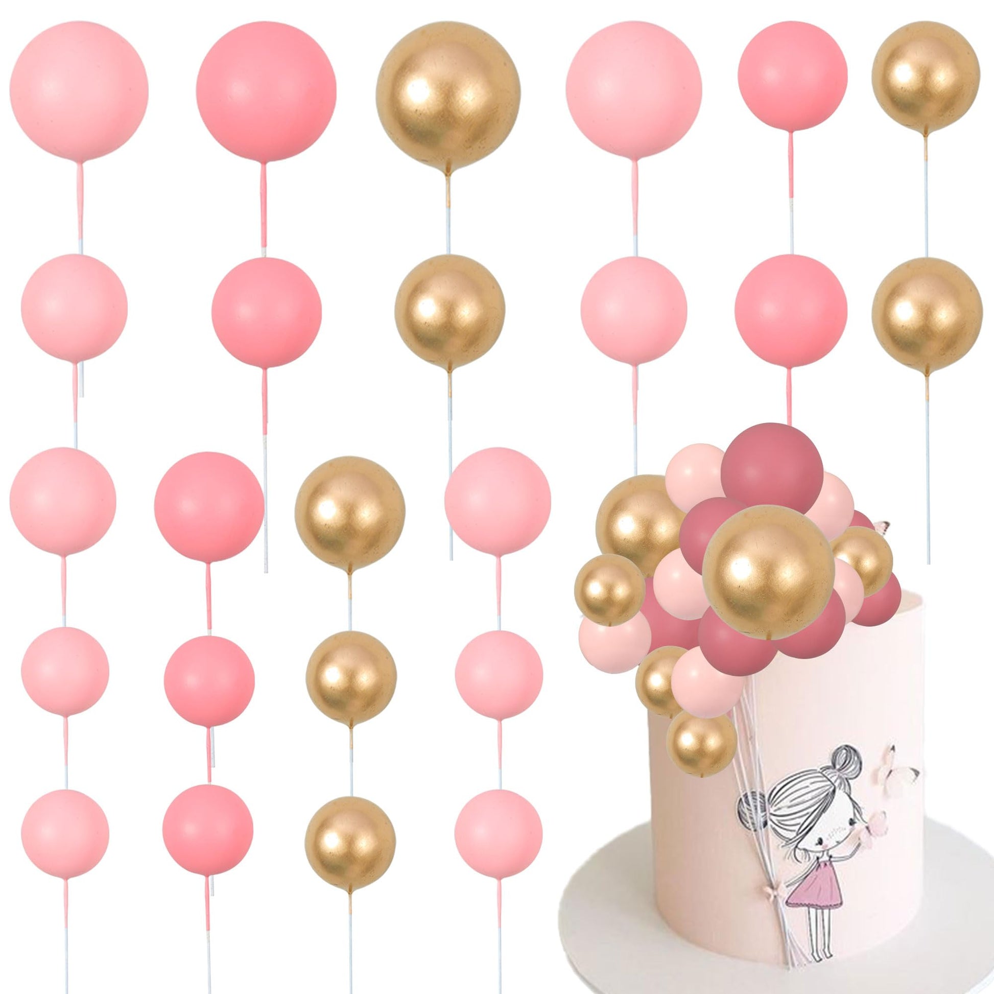 Gyufise 30Pcs Pink Gold Ball Cake Toppers Mini Balloon Cupcake Toppers Diy Foam Ball Cake Insert Decoration For Wedding Annivers