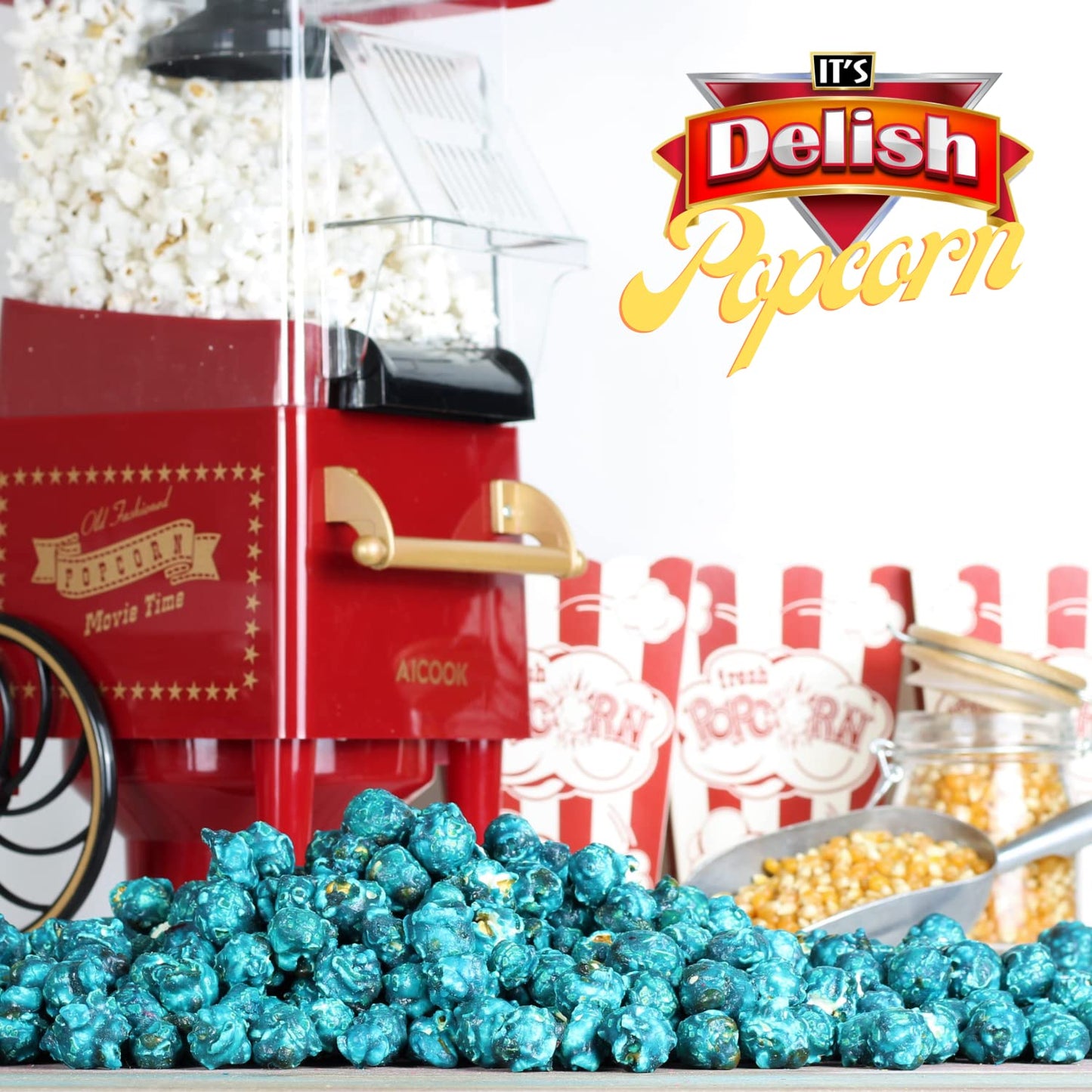 Gourmet Blue Raspberry Flavored Popcorn by Its Delish - 16 Oz Jumbo-Sized Container | Bulk Air Popped Pop Corn Snack - Fruity B