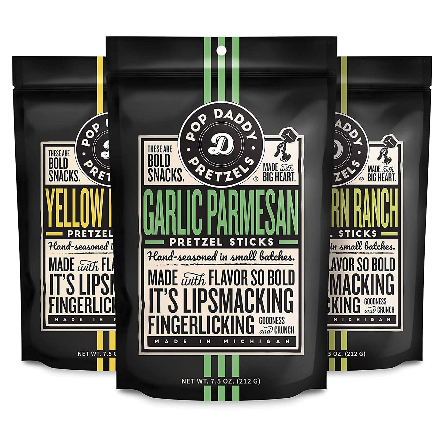 POP DADDY Flavored Pretzel Sticks - 7.5oz Variety Pack (3 Pack) - Garlic Parmesan, Peppercorn Ranch, Yellow Mustard