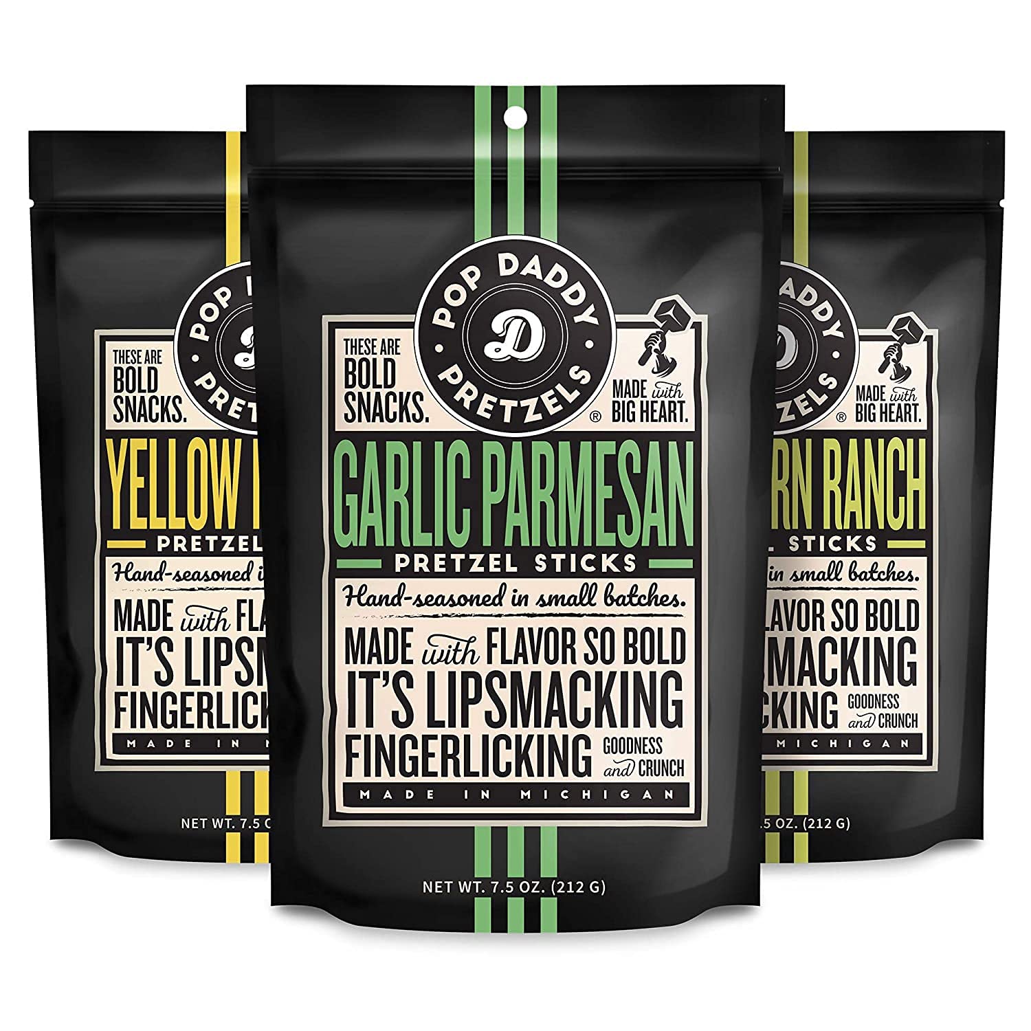 POP DADDY Flavored Pretzel Sticks - 7.5oz Variety Pack (3 Pack) - Garlic Parmesan, Peppercorn Ranch, Yellow Mustard