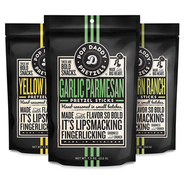 POP DADDY Flavored Pretzel Sticks - 7.5oz Variety Pack (3 Pack) - Garlic Parmesan, Peppercorn Ranch, Yellow Mustard
