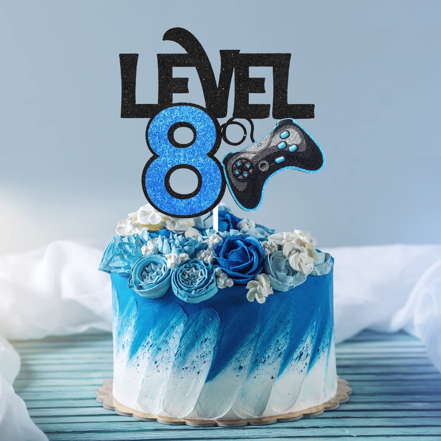 Caiwowo Level 8 Game Birthday Cake Topper - Blue Paper Decoration for Boys 8th Birthday Party