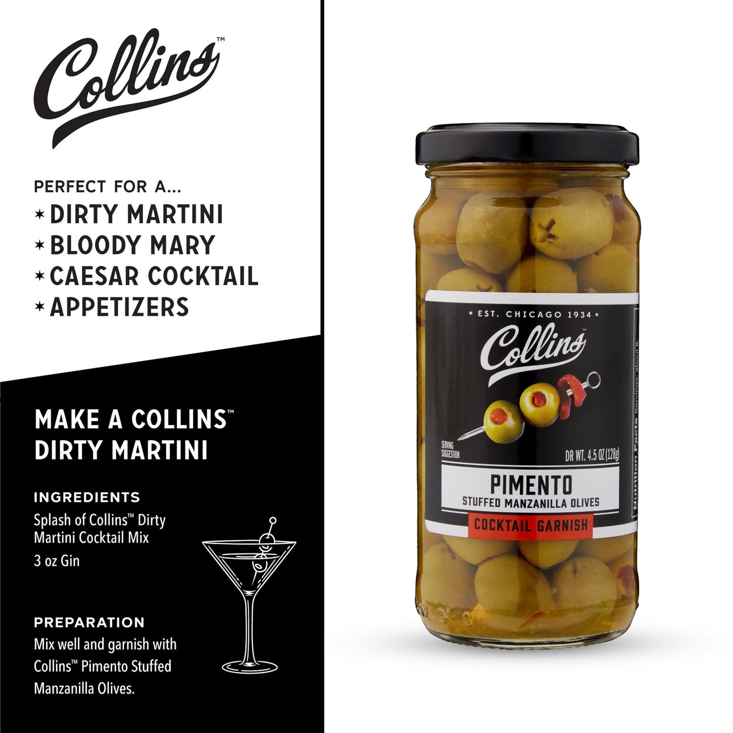 Collins Manzanilla Martini Pimento Olives, 5 oz, Popular Cocktail Garnish, Perfect for Dirty Martinis and Bloody Marys