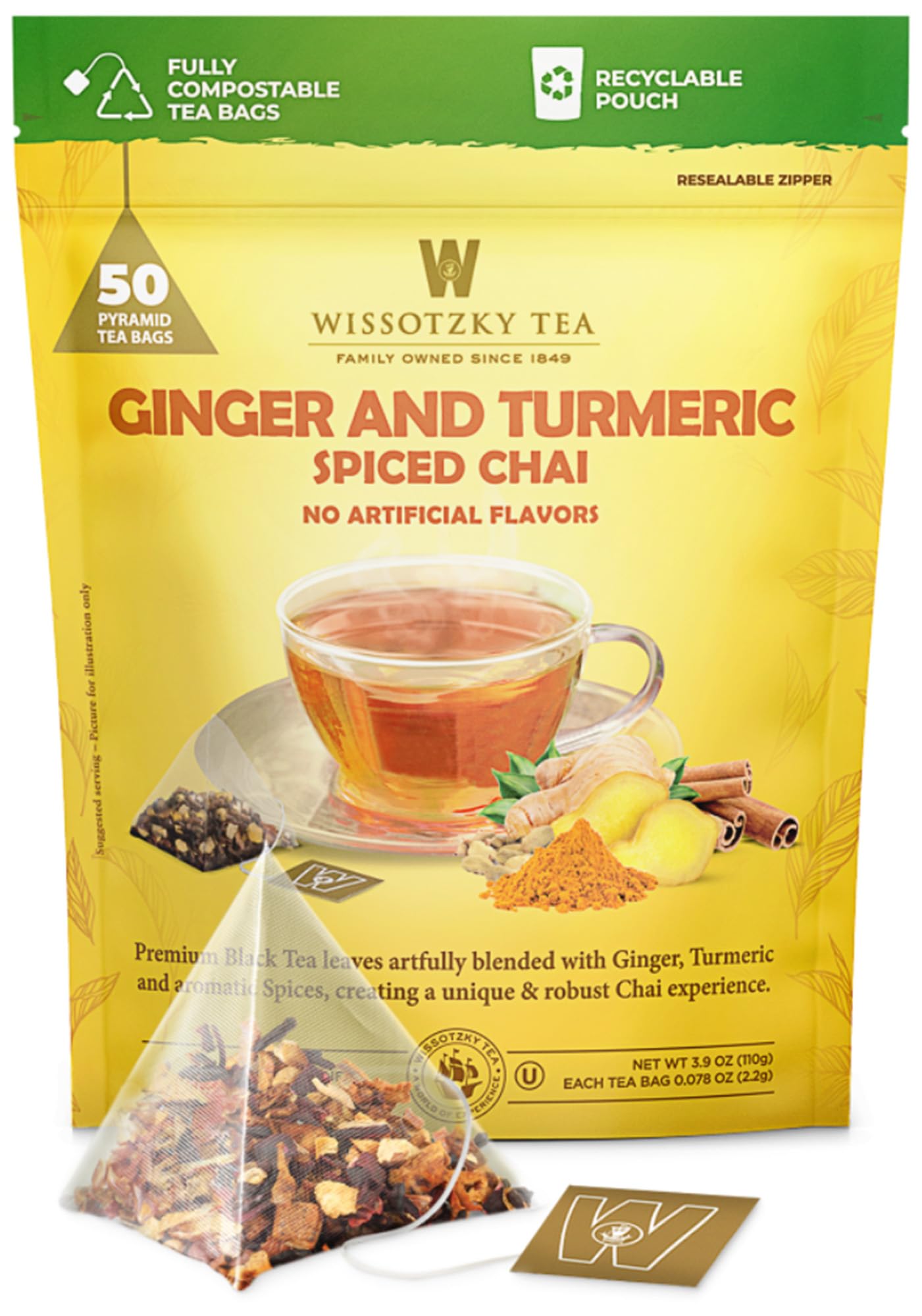 Wissotzky Tea Ginger Turmeric Spiced Chai Tea (50 Pyramid Tea Bags) | Whole Leaf Black Tea | No Artificial Flavors | Elegant Sil