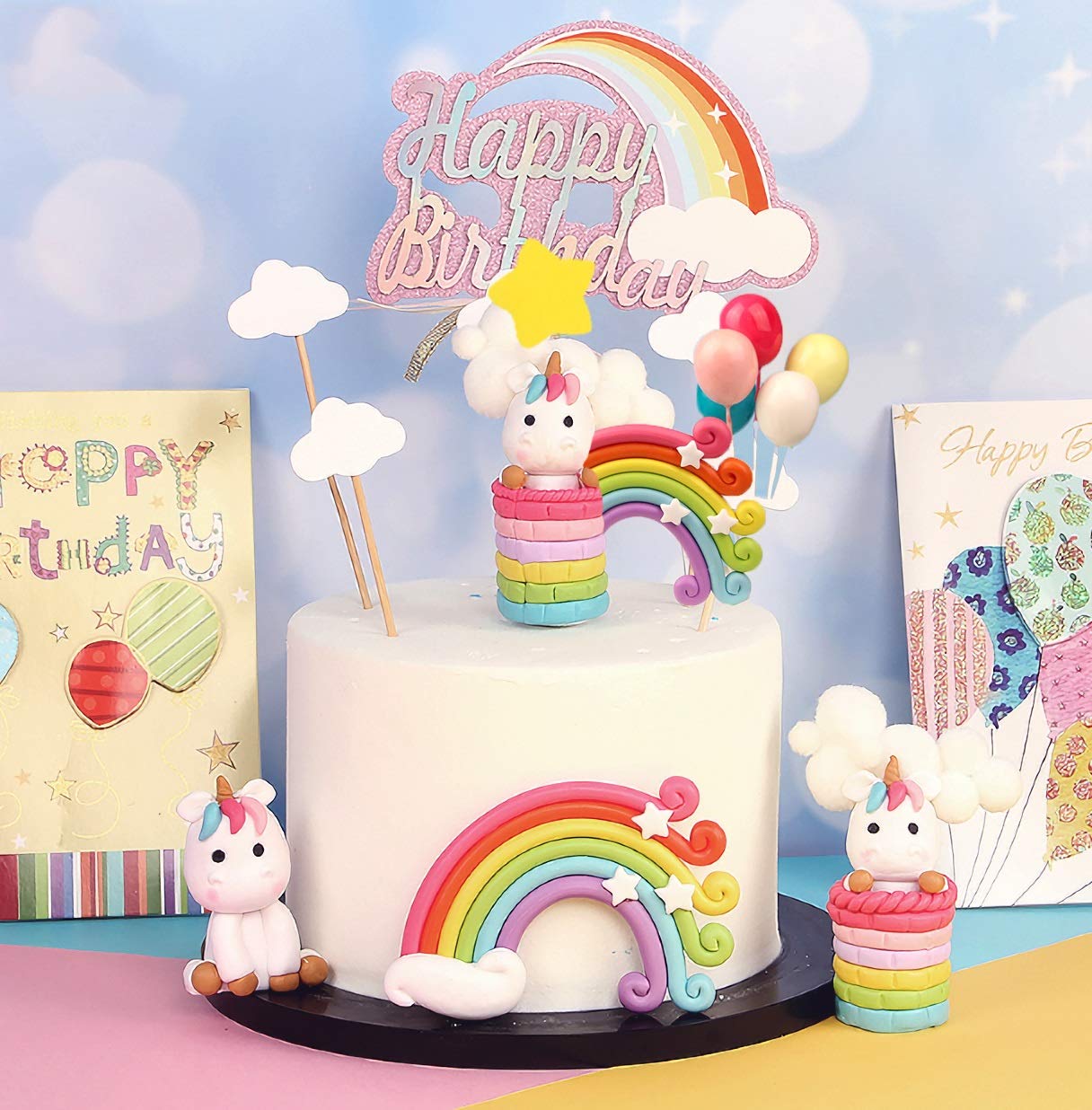 Palksky Colorful Rainbow Cake Topper/Wedding Cake Flags/Cupcake Picks Set -Include Cloud Balloon Moon Stars/Boy Girl Kid Birthda