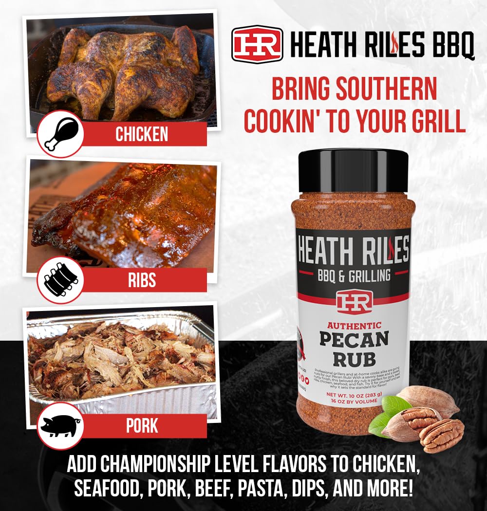 Heath Riles BBQ Rub - Pecan Seasoning, 10 oz, Champion Pitmaster Recipe for smoky aroma & Grilling