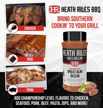 Heath Riles BBQ Rub - Pecan Seasoning, 10 oz, Champion Pitmaster Recipe for smoky aroma & Grilling