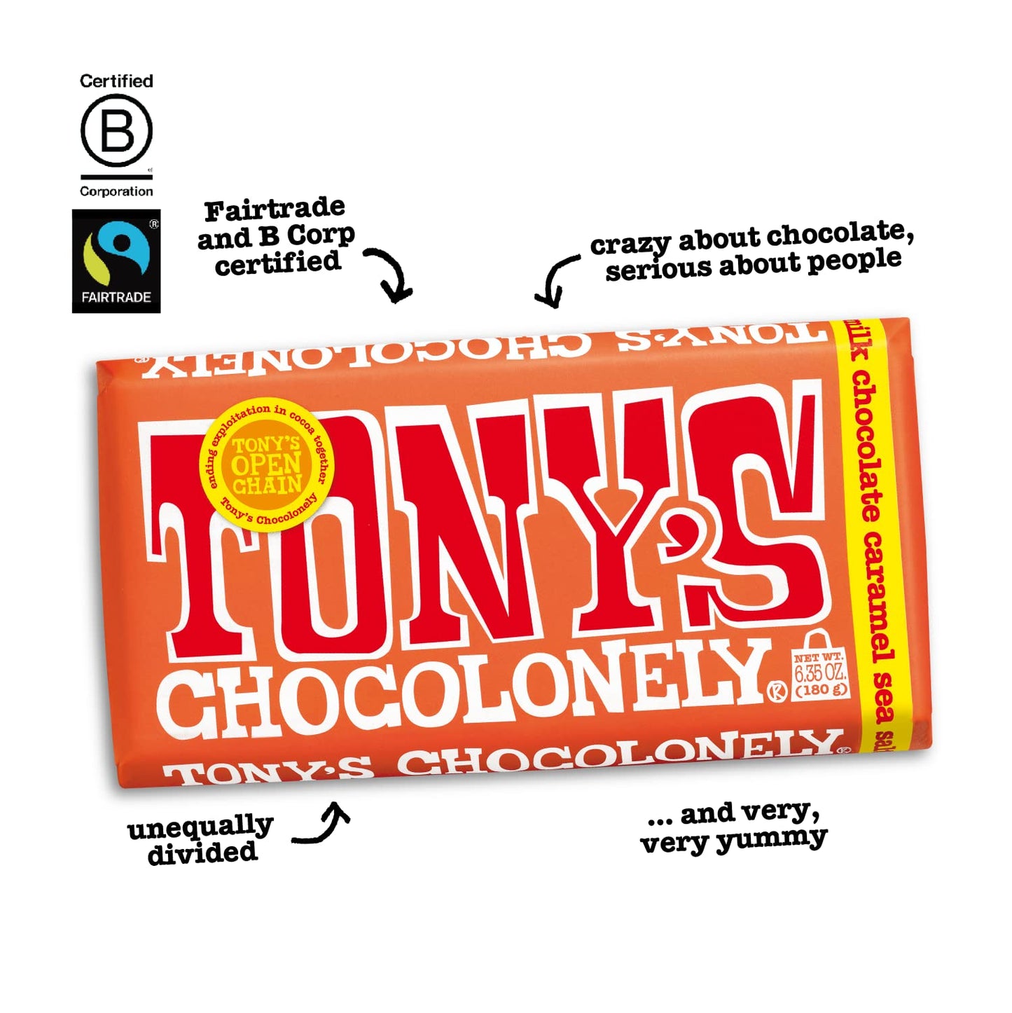 Tonys Chocolonely Belgian Milk Chocolate Candy Bar With Caramel & Sea Salt for Snacks, Chocolate Bar for Party Favors, Gifts, or