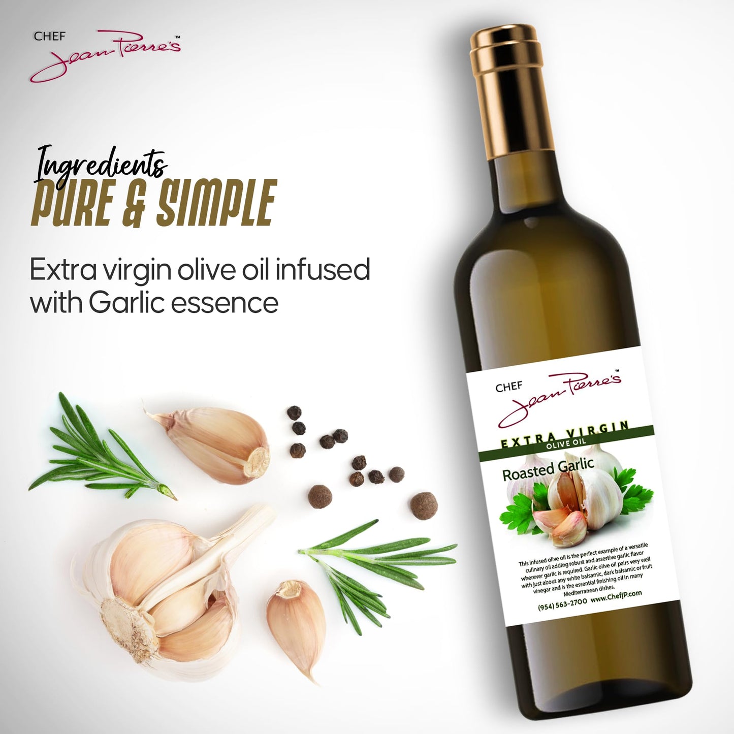 Chef Jean Pierre'S Extra Virgin Roasted Garlic Olive Oil - 750Ml (25Oz) Glass Bottle - Naturally Infused With Sweet And Tangy Fl
