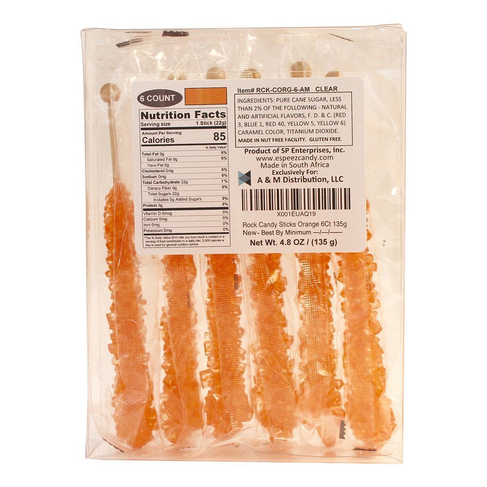 Espeez Extra Large Orange Rock Candy Sticks - 6 Individually Wrapped for Candy Buffets, Birthdays, Weddings, Showers