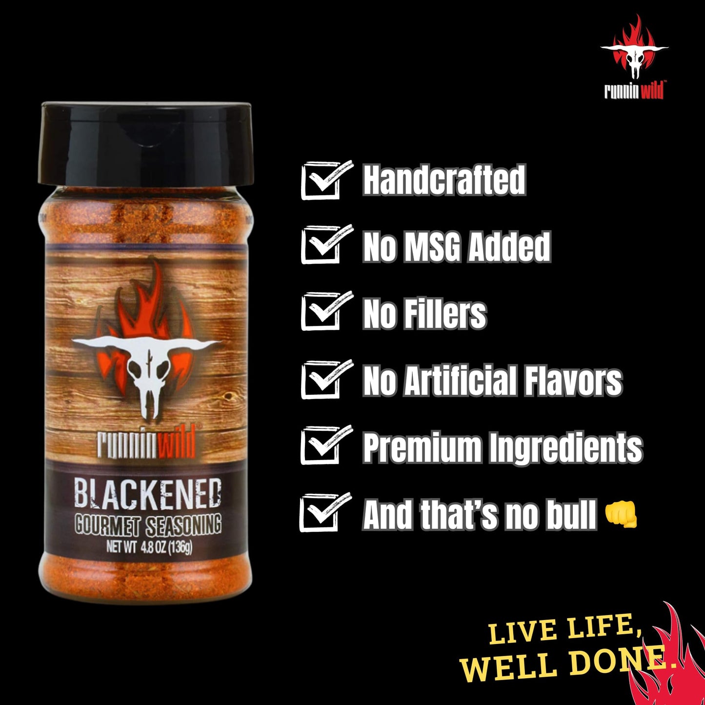 Runnin Wild Premium Blackening Seasoning, No MSG, Gourmet Cajun Spice, 4.8oz