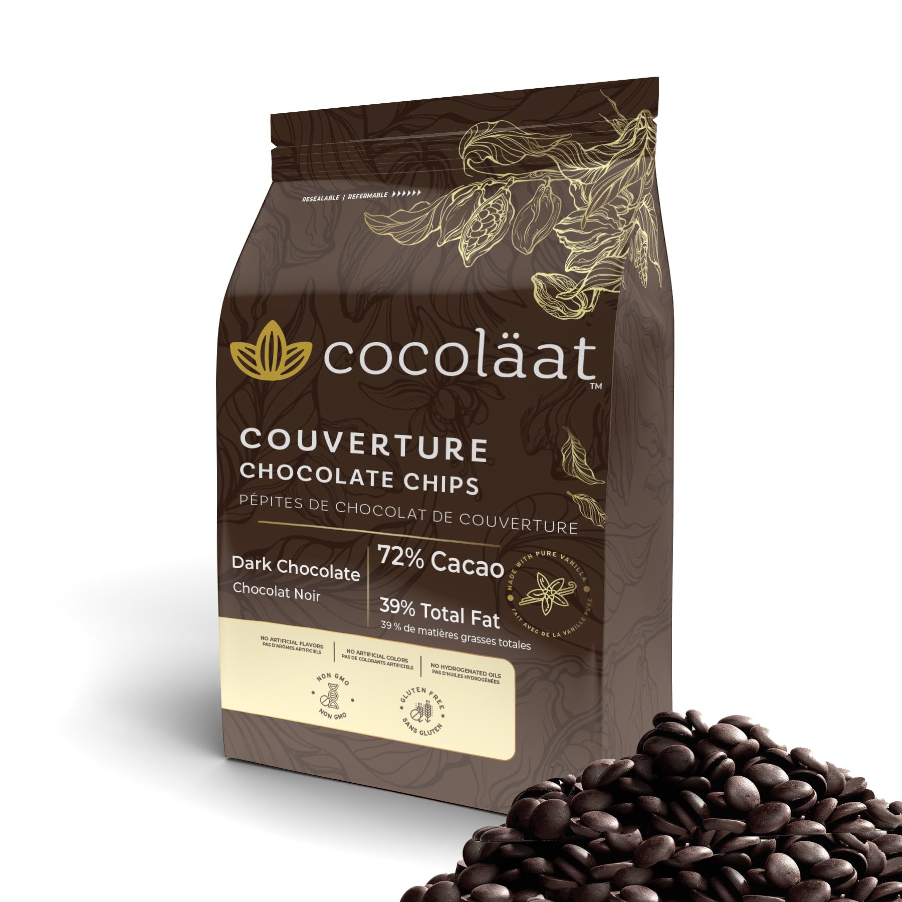 Cocoläat 60% Dark Couverture Chocolate Chips, Culinary Grade, 5 lb, Dark Brown, Resealable Pouch