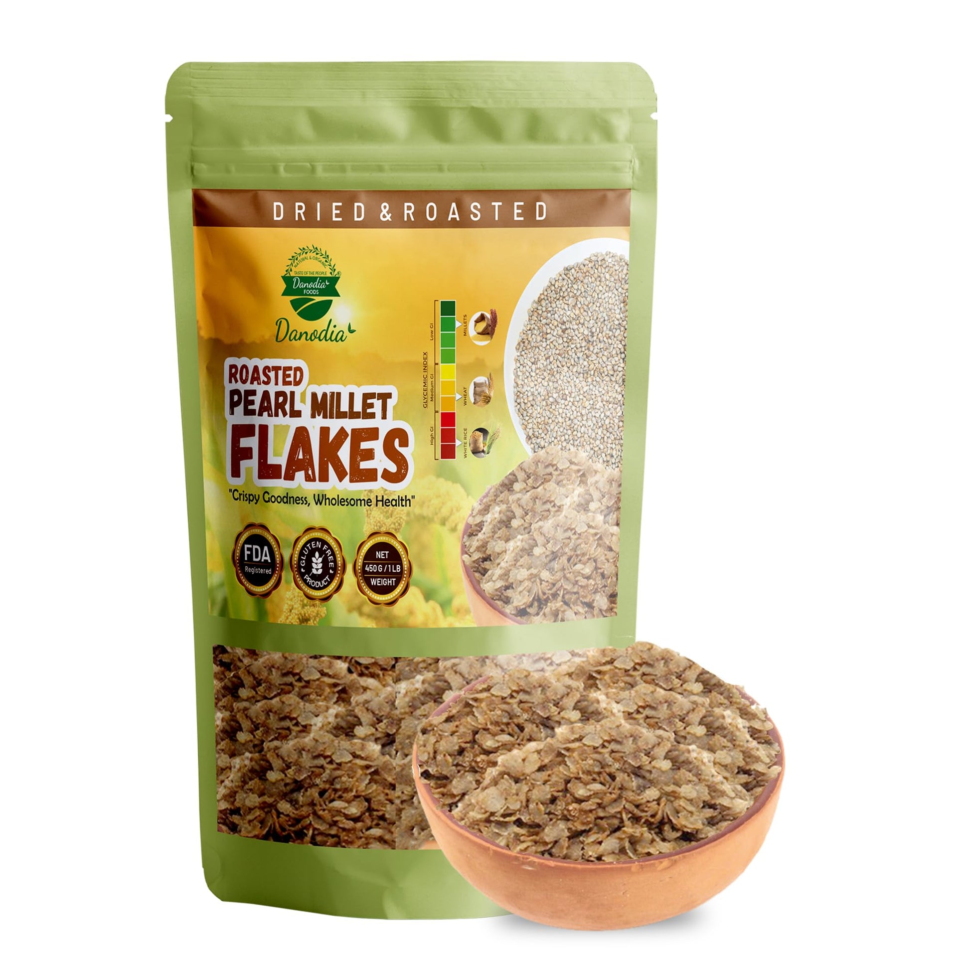 Danodia Foods Pearl Millet Flakes (450g/17oz) | Roasted & Ready-to-Eat | Wholesome Breakfast Cereal | Ideal for Porridge, Puddin