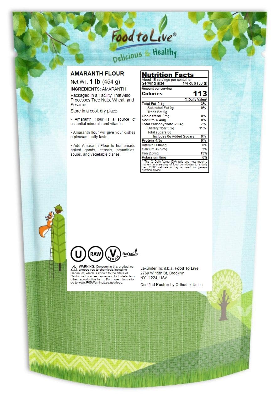 Food to Live Amaranth Flour, 1 Pound Finely Milled Whole Grains, Vegan, Kosher, Bulk. High in Dietary Fiber and Plant-Based Prot