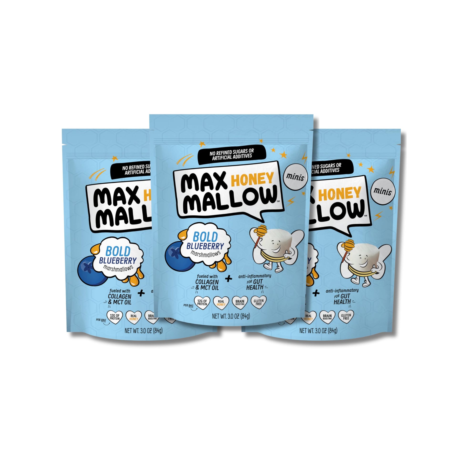 Max Mallow Bold Blueberry Mini HONEY Marshmallows - Gut Friendly, Gluten Free, No Refined Sugars, Real Wildflower Honey, Collage