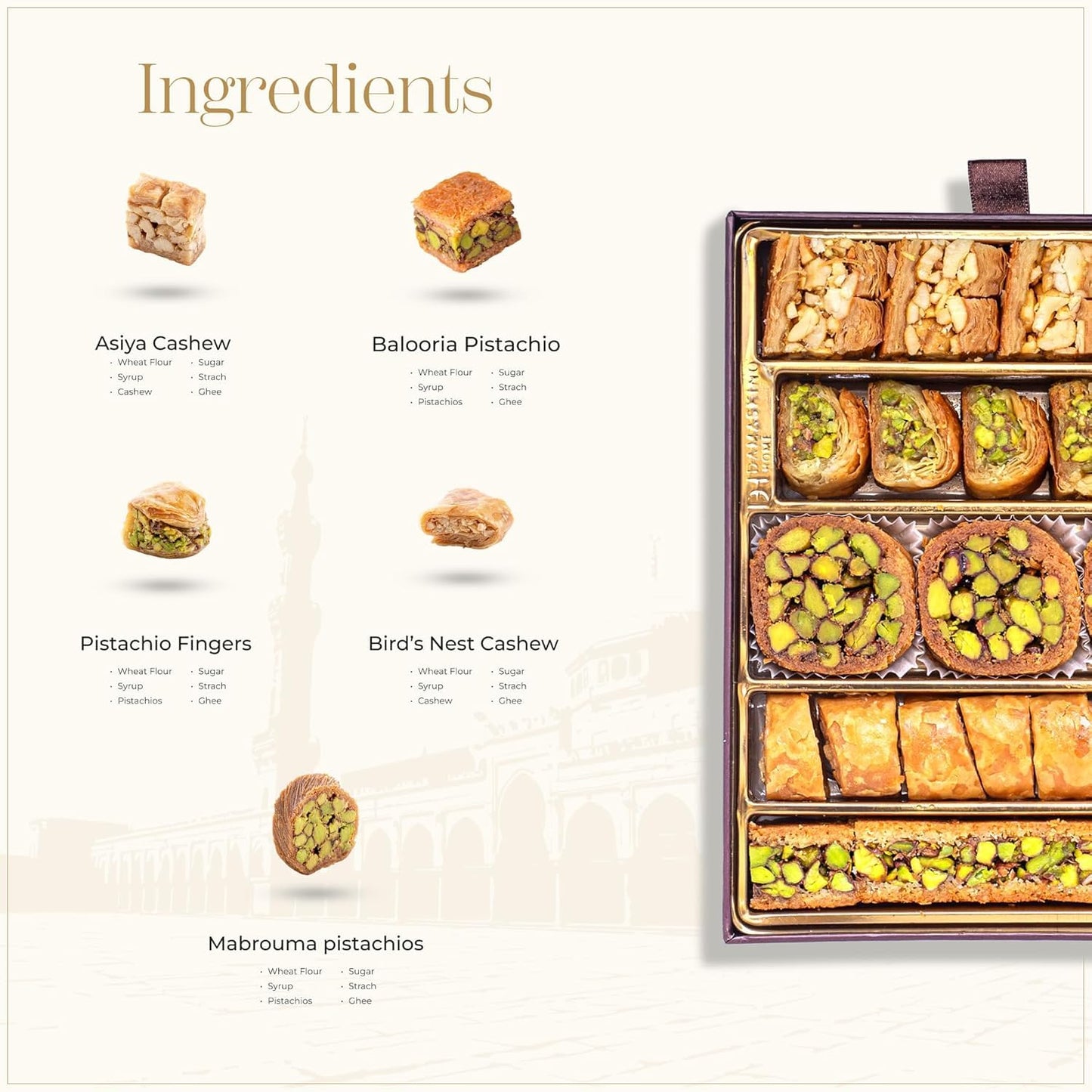 Damaskino Home Assorted Baklava Gift Box 10.5Oz – 25 Pieces Of Pistachio & Cashew Turkish Baklava Pastry Dessert – Traditional Middle Eastern Sweets - Arabic Dessert Food Gifts - Dulces Arabes