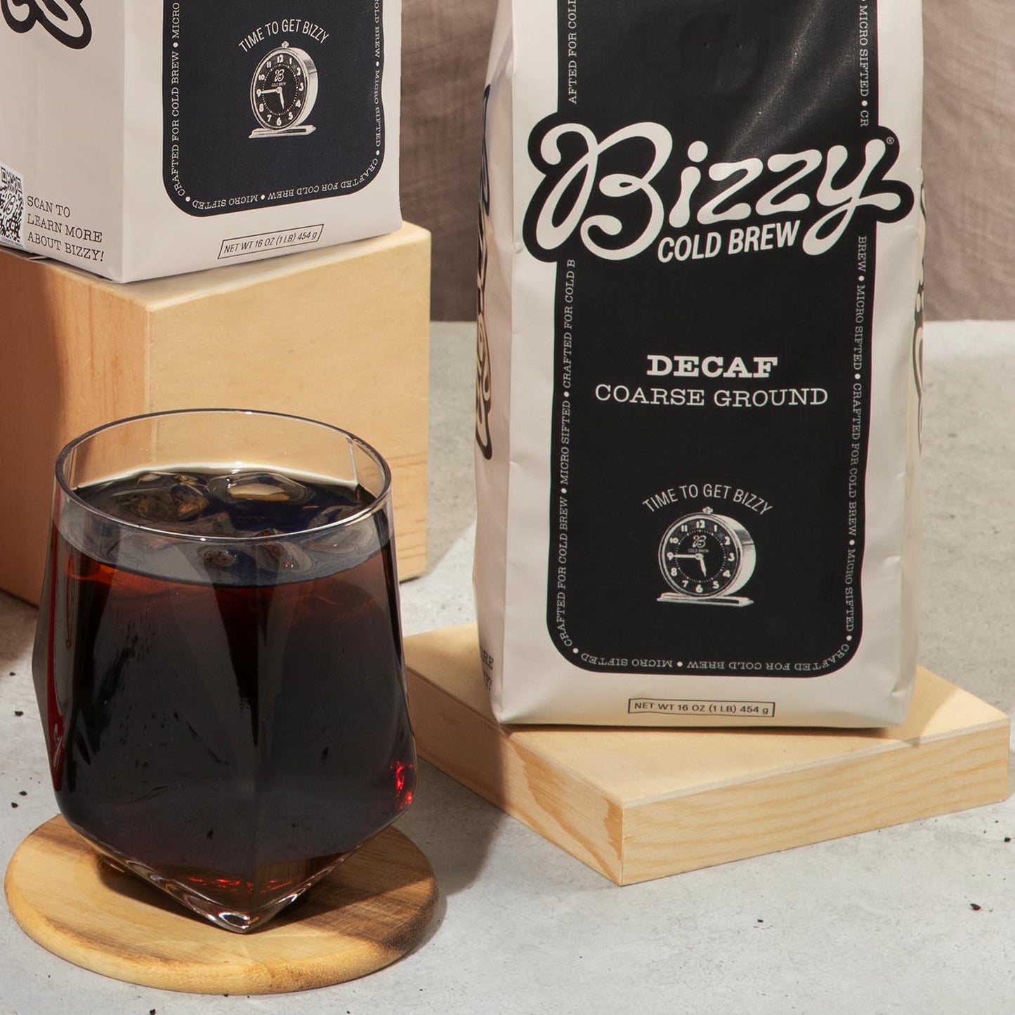 Bizzy Cold Brew Coffee Decaf Blend Coarse Ground 100% Arabica 16 Ounce White