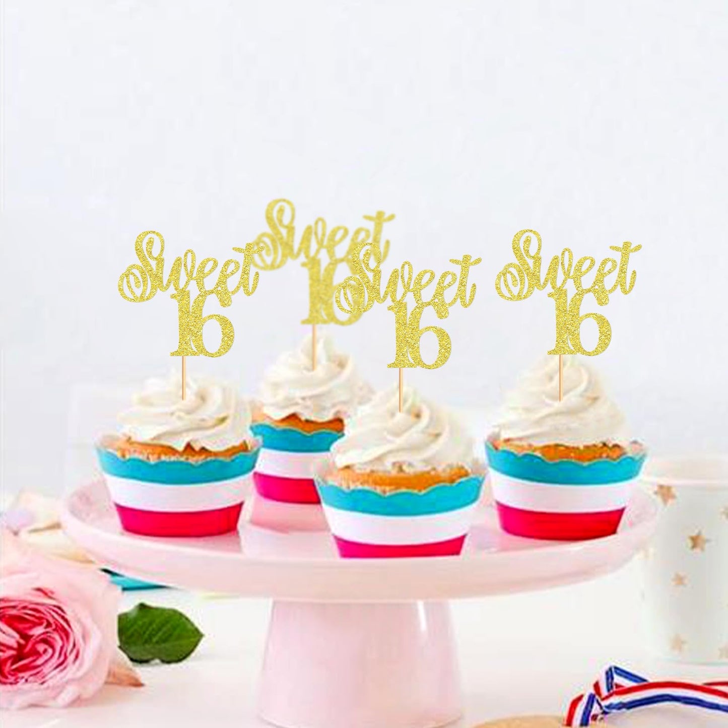 Keaziu Cupcake Toppers, Sweet 16 Picks, 24 Pack, Gold, Paper Decorations for Birthday and Wedding Anniversaries