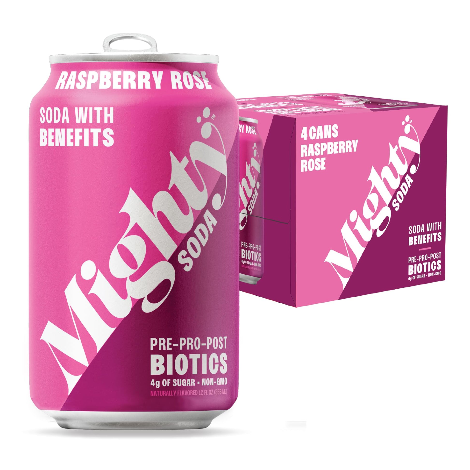 MIGHTY SODA Raspberry Rose, Prebiotics, Probiotics & Postbiotics, Functional Soft Drink with More Gut Health Benefits, Non-GMO, 