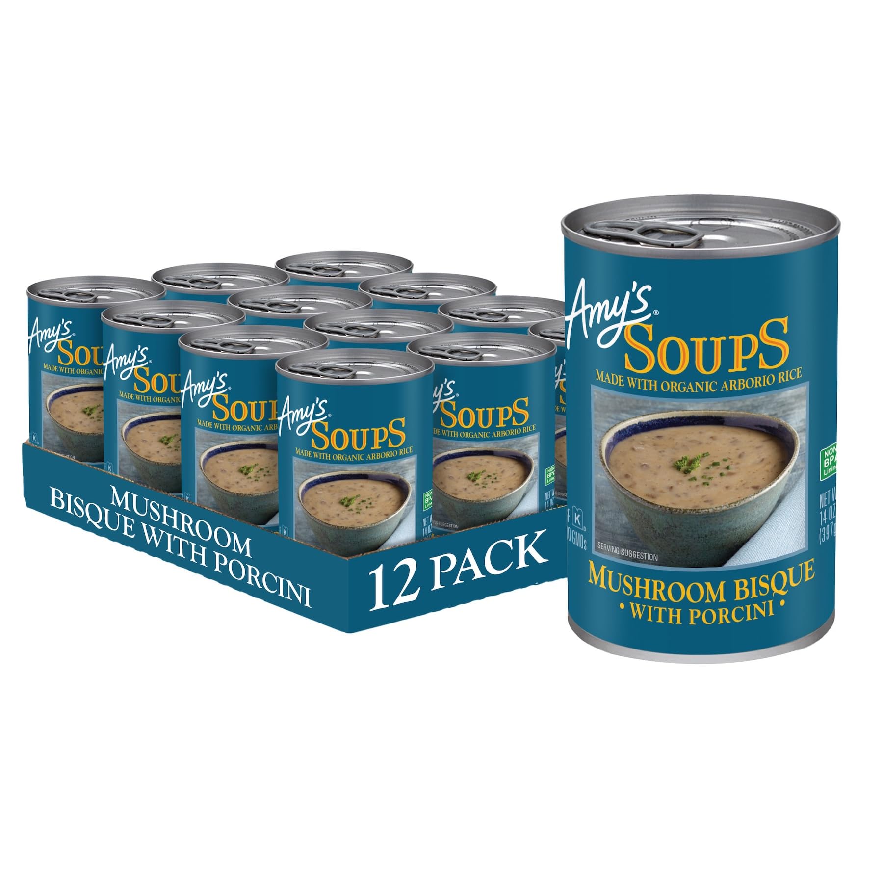 Amy'S Soup, Mushroom Bisque Soup With Porcini, Gluten Free Organic Blend Of Mushrooms, Rice, Vegetables And Cream, Canned Soup, 14 Oz (12 Pack)