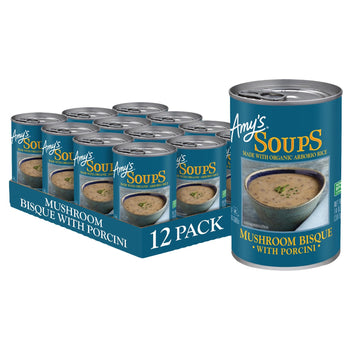 Amy'S Soup, Mushroom Bisque Soup With Porcini, Gluten Free Organic Blend Of Mushrooms, Rice, Vegetables And Cream, Canned Soup, 14 Oz (12 Pack)