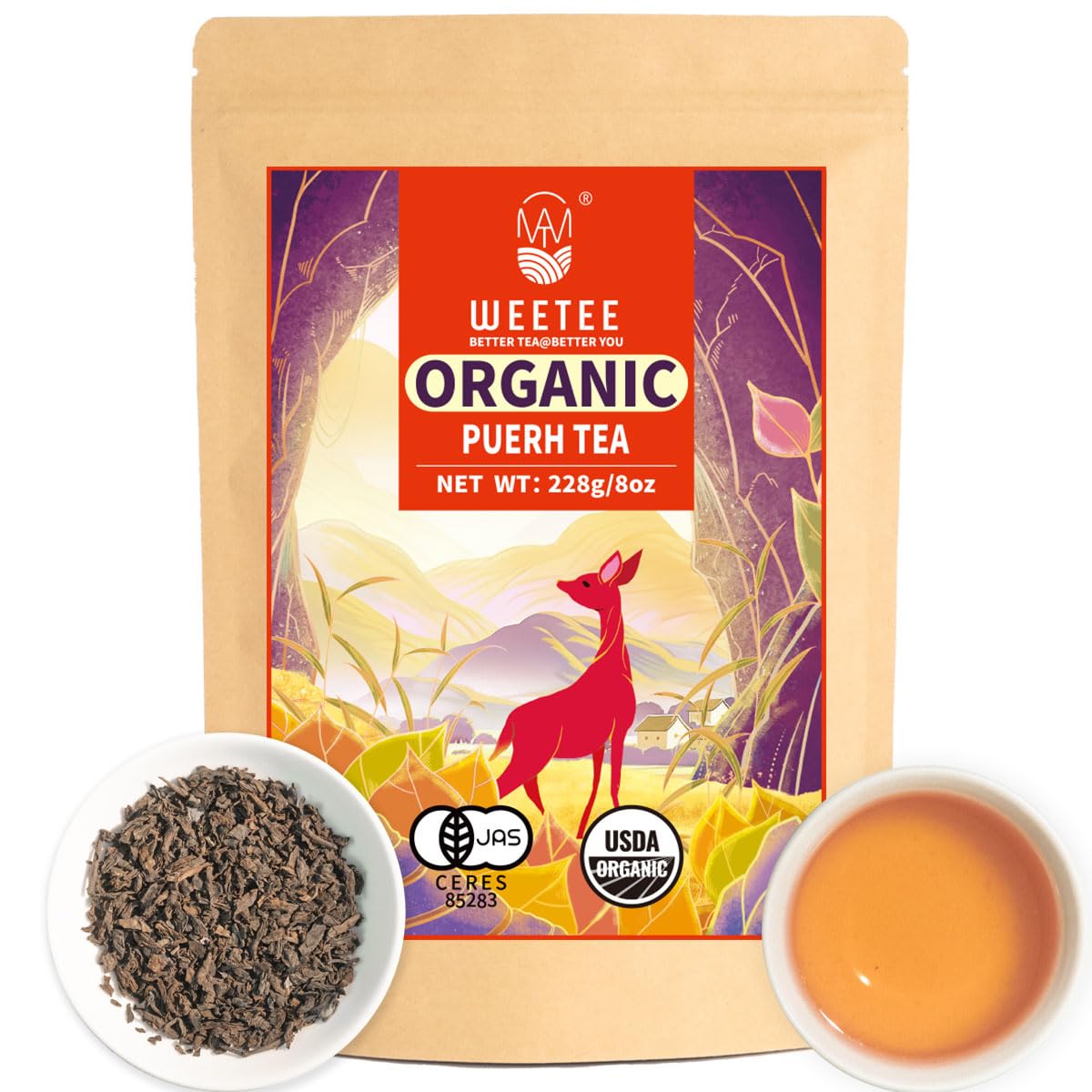 Wt Weetee Organic Pu-Erh Loose Leaf Tea, Usda Organic Ripe Pu'Erh Tea 228G / 8 Ounce, Earthy Dark Tea Black Tea, Rich Antioxidan