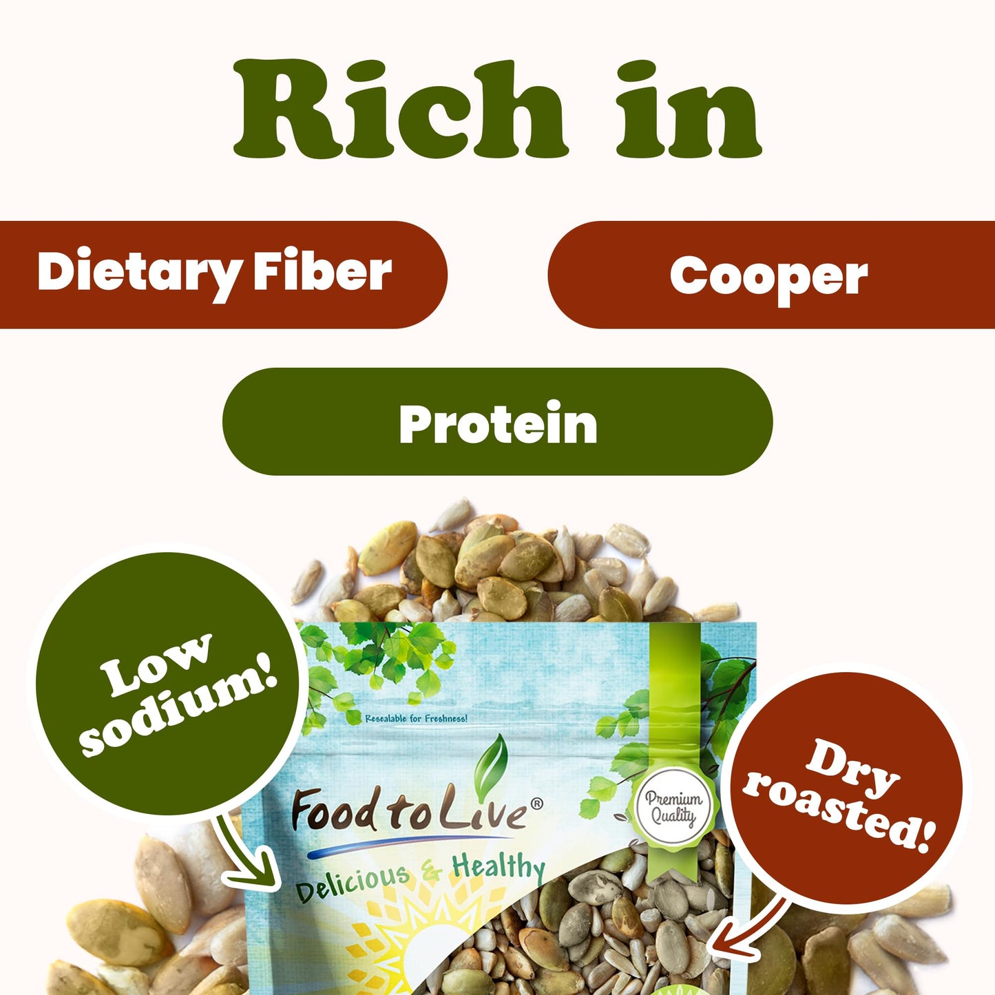 Food to Live Dry Roasted Sunflower and Pumpkin Seed Mix, 8 Pounds - Oven Roasted, No Oil added, Natural Snack, Rich in Protein,
