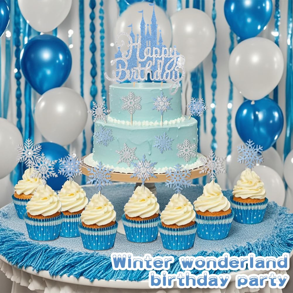 Wootkey 26Pcs Frozen Castle Cake Toppers Double Layer Silver Blue Snowflake Cupcake Toppers Winter Wonderland Cake Decorations F