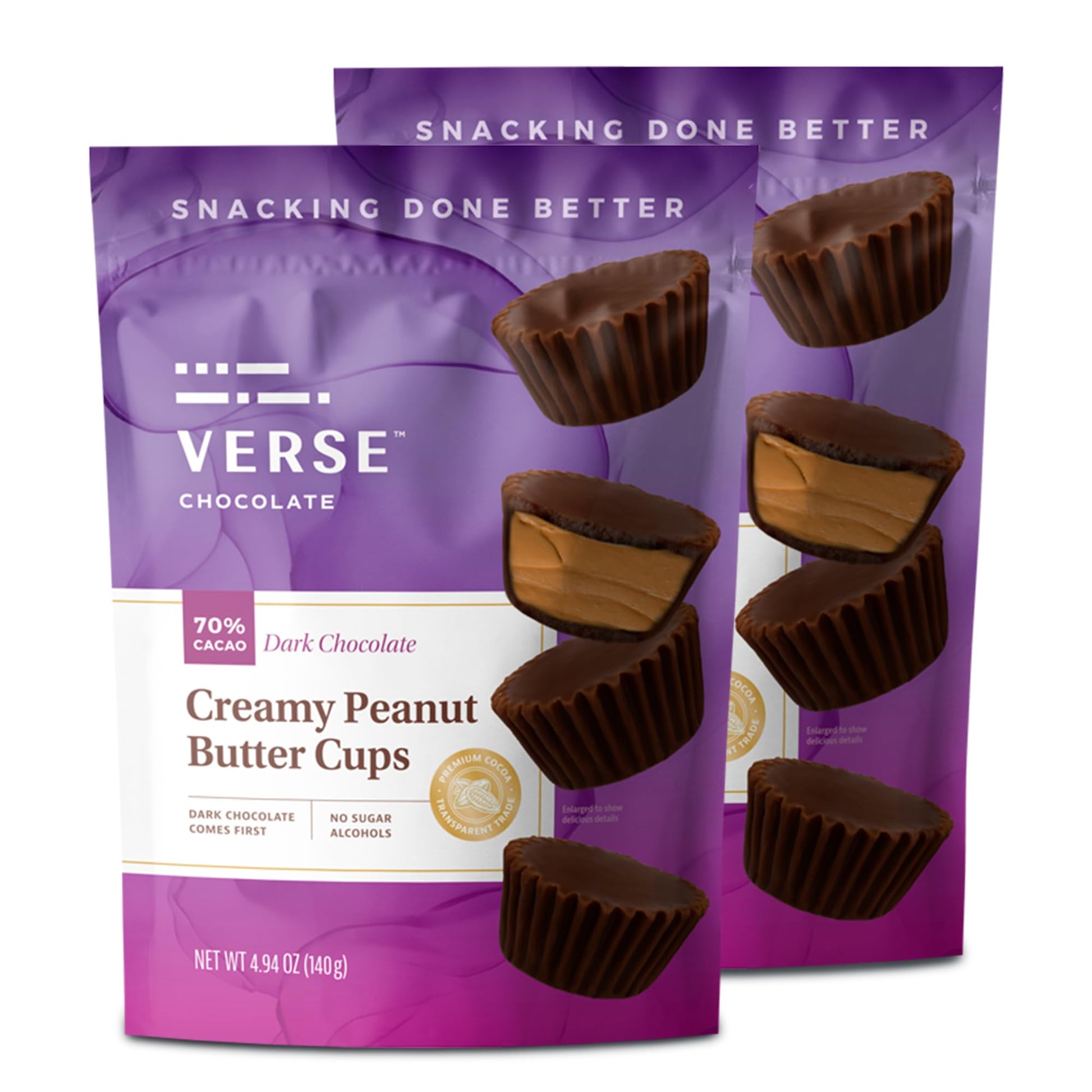 Verse Chocolate Peanut Butter Cups (2 Pack) - 70% Dark Chocolate Candy W/ 2G Fiber  10G Sugar  160 Calories - Creamy Peanut Butter Cups - The Perfect Valentines Day Gift