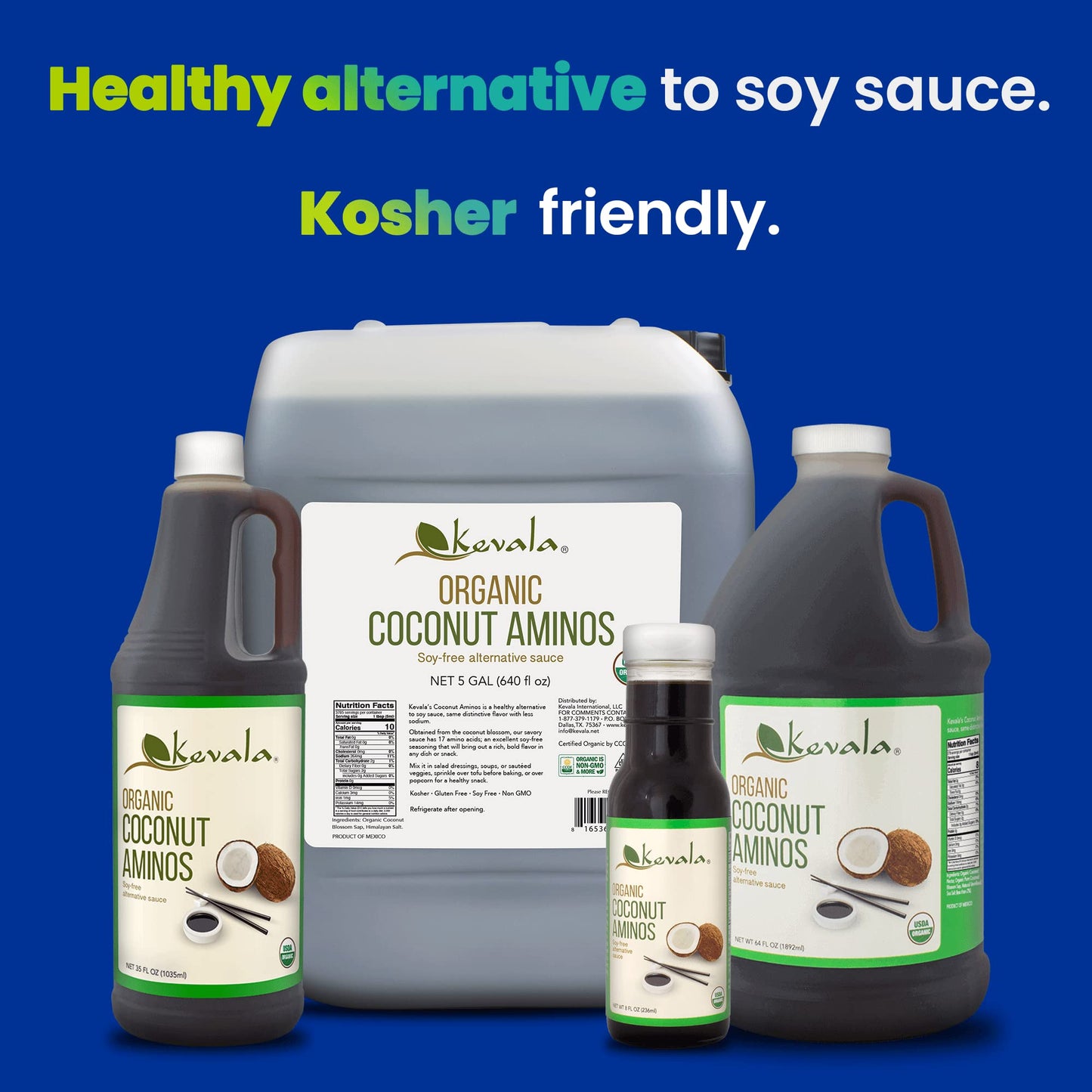 Kevala Organic Coconut Aminos - Low Sodium Soy Sauce Alternative, Liquid Seasoning, Non Gmo, Kosher, No Gluten, 64 Oz, 1/2 Gal