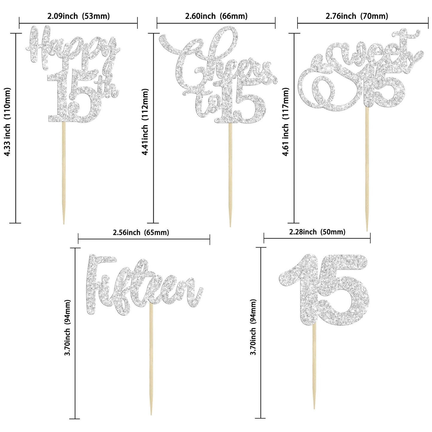Ephlyn 30 Pack 15Th Birthday Cake Topper, Silver Glitter Cupcake Toppers For Birthday, Anniversary, Wedding Party Decorations