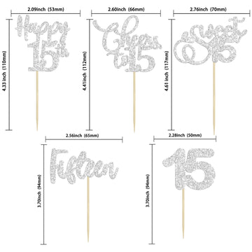 Ephlyn 30 Pack 15Th Birthday Cake Topper, Silver Glitter Cupcake Toppers For Birthday, Anniversary, Wedding Party Decorations