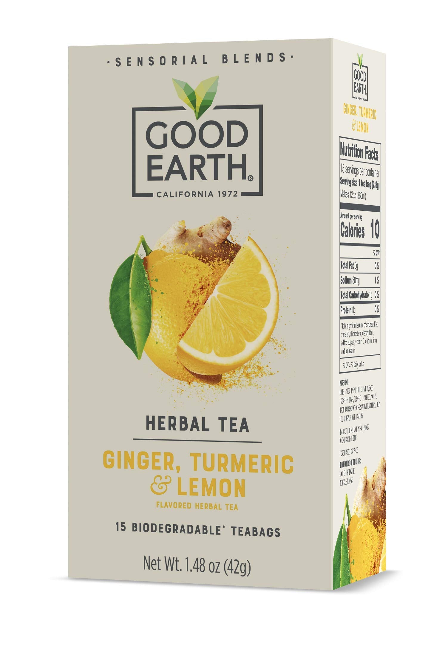 Good Earth Sensorial Blend Flavored Herbal Tea Ginger, Turmeric and Lemon, No Artificial Color, No Preservatives, 15 Bag (Pack o