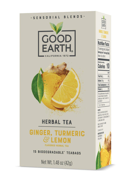 Good Earth Sensorial Blend Flavored Herbal Tea Ginger, Turmeric and Lemon, No Artificial Color, No Preservatives, 15 Bag (Pack o