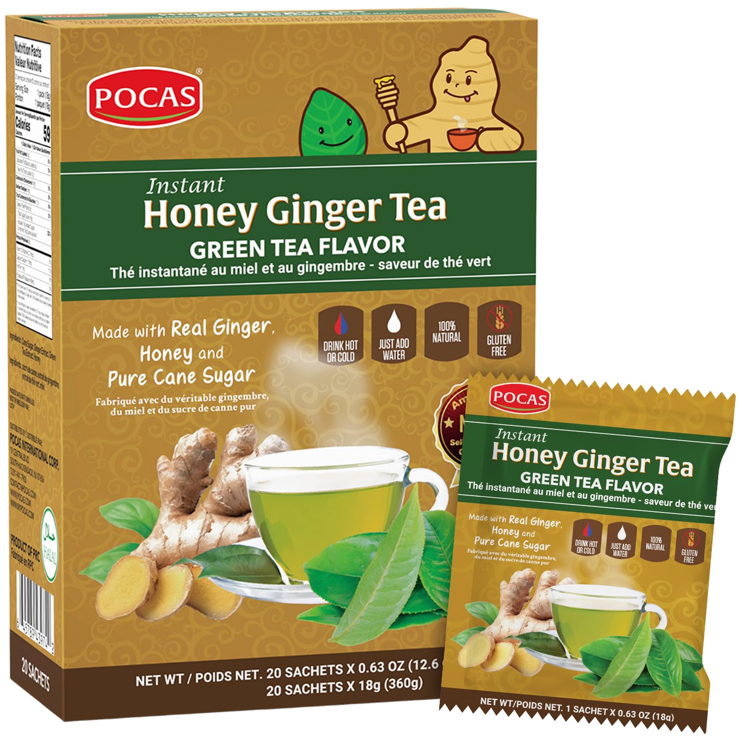 Pocas Honey Ginger Instant Tea Powder, Green Tea Flavor, 20 Packets, Green
