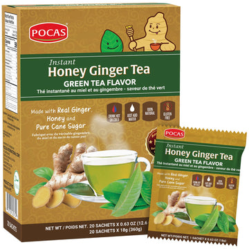 Pocas Honey Ginger Instant Tea Powder, Green Tea Flavor, 20 Packets, Green