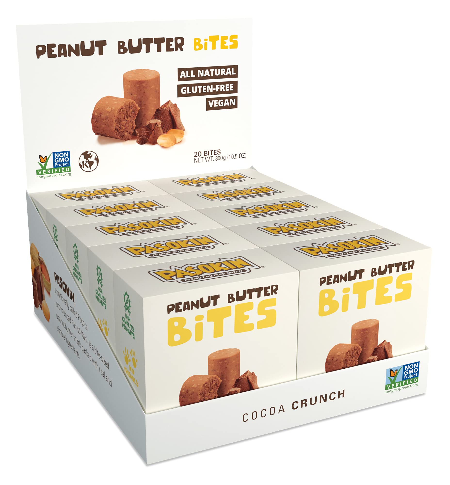 PASOKIN | Cocoa Crunch Natural Peanut Butter Bites | Kosher, Gluten Free, Vegan, Protein Snack | Crunchy and Creamy | Chocolate 