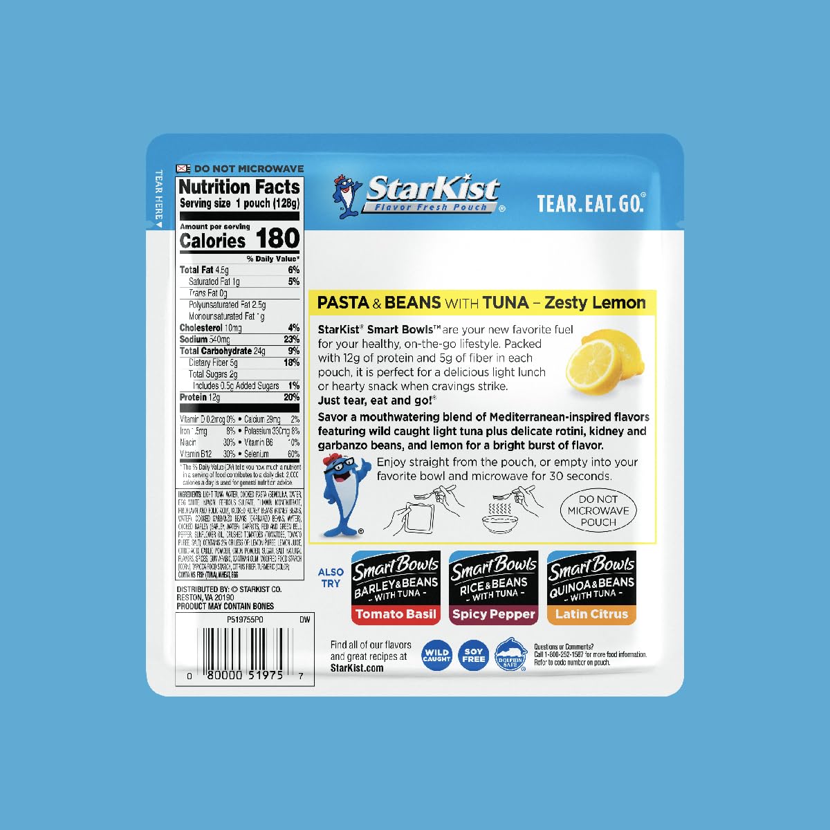 Starkist Smart Bowls Zesty Lemon, 4.5 Oz Pouch (Pack Of 12) – Features Pasta & Beans With Wild Caught Light Tuna