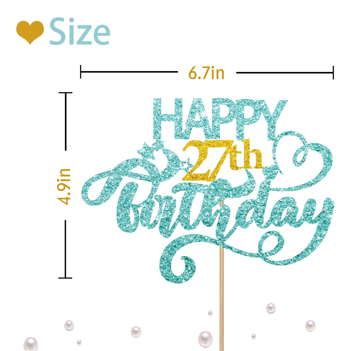 Sky Blue Glitter Happy 27Th Birthday Cake Topper, Twenty Seven Years Old Birthday Party Cake Decor, Gold Number 27 Birthday Part