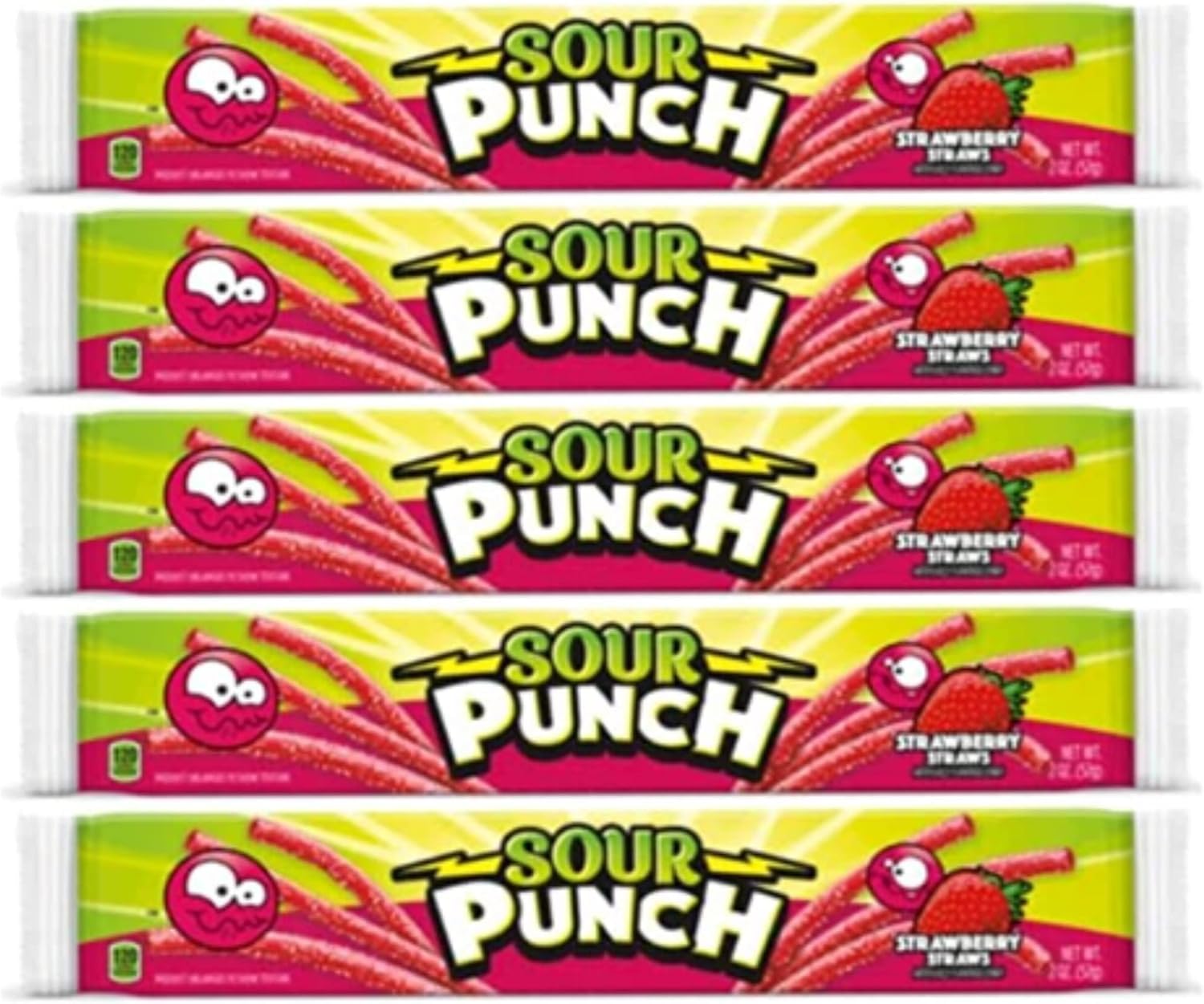 Sour Punch Straws Bundle 5 Items Gift Assortment 2 ounce pack each, 5 packs total (Strawberry)