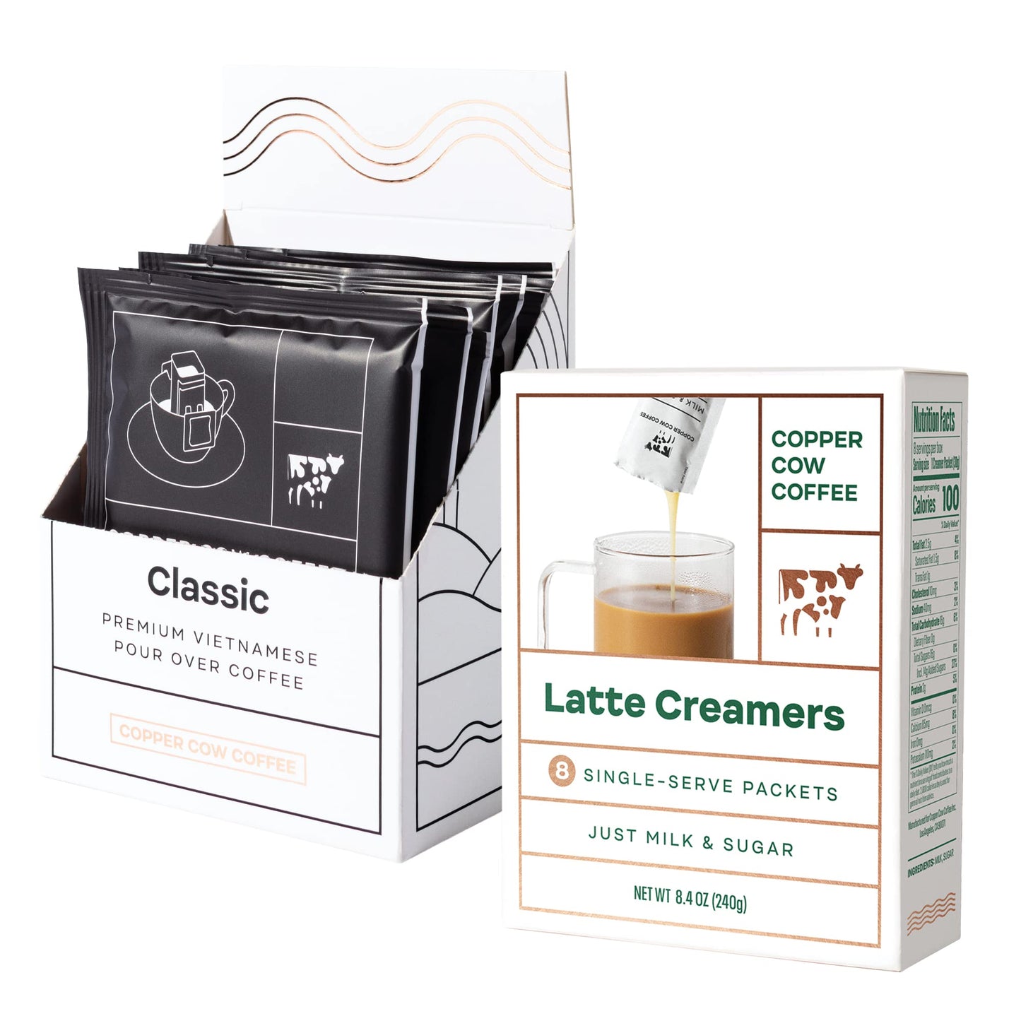 Copper Cow Coffee Premium Vietnamese Coffee: Single-Serve Classic Lattes (8 Lattes, Includes: 8 Coffees & 8 Milk Creamers)