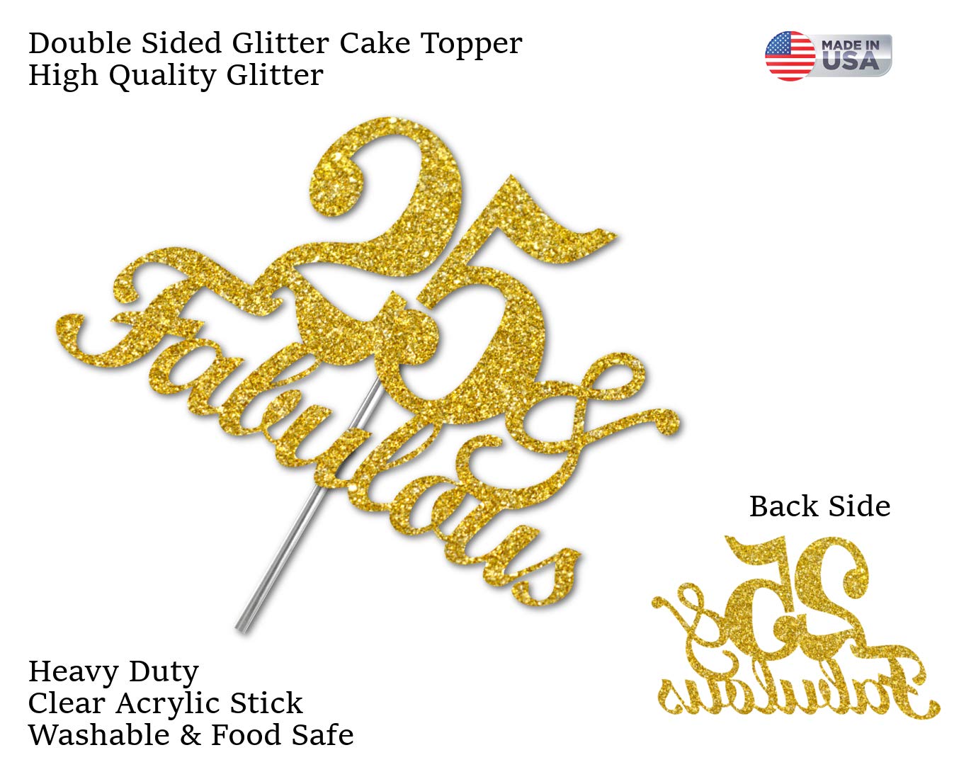 RokAPary 25th Birthday Cake Topper, Gold Glitter, Premium Quality, Acrylic Stick