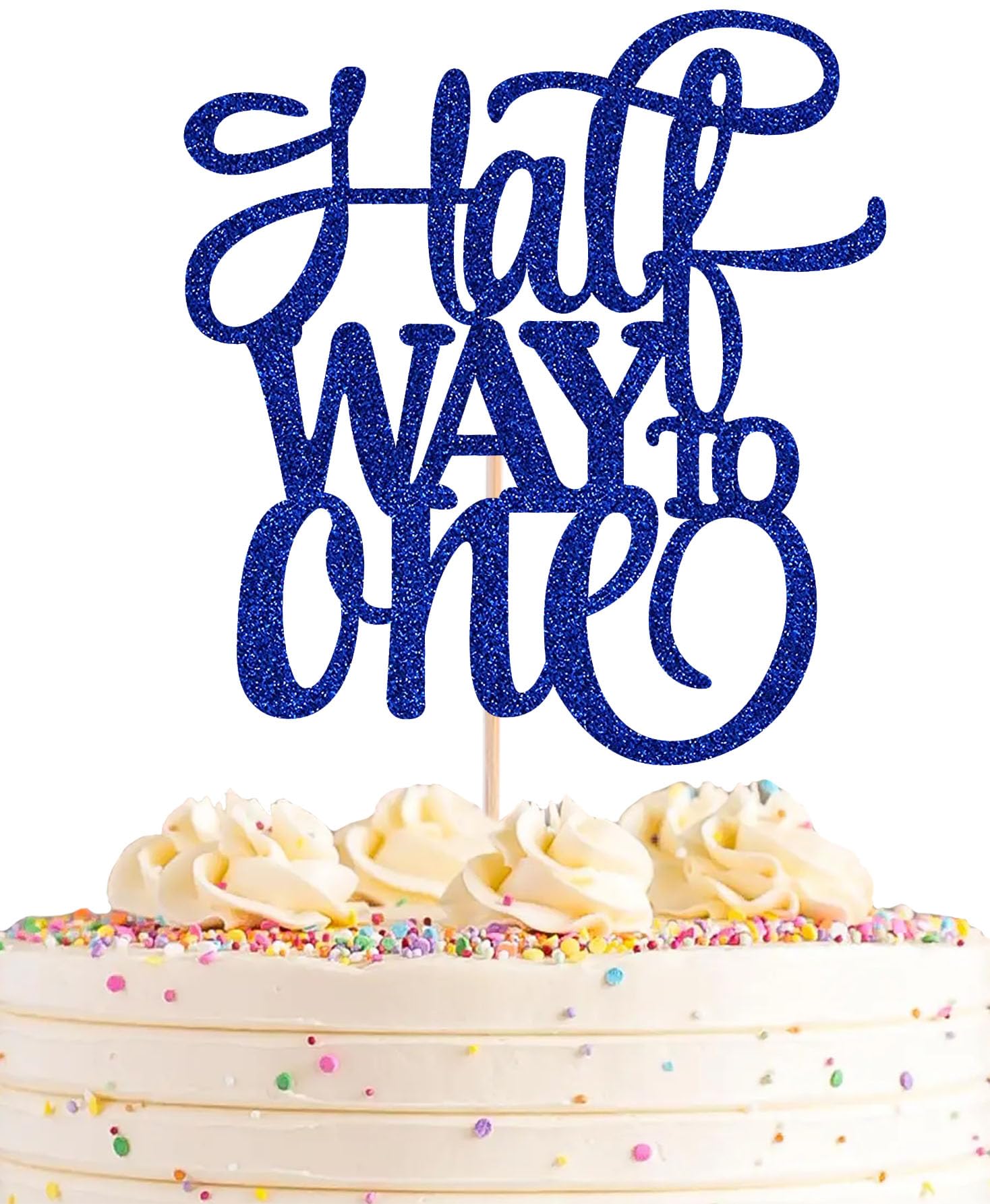 AHAORAY Half Way To One Cake Topper - Blue Glitter 6 Months Birthday Decorations Supplies - Half Birthday Decorations Baby Girl,