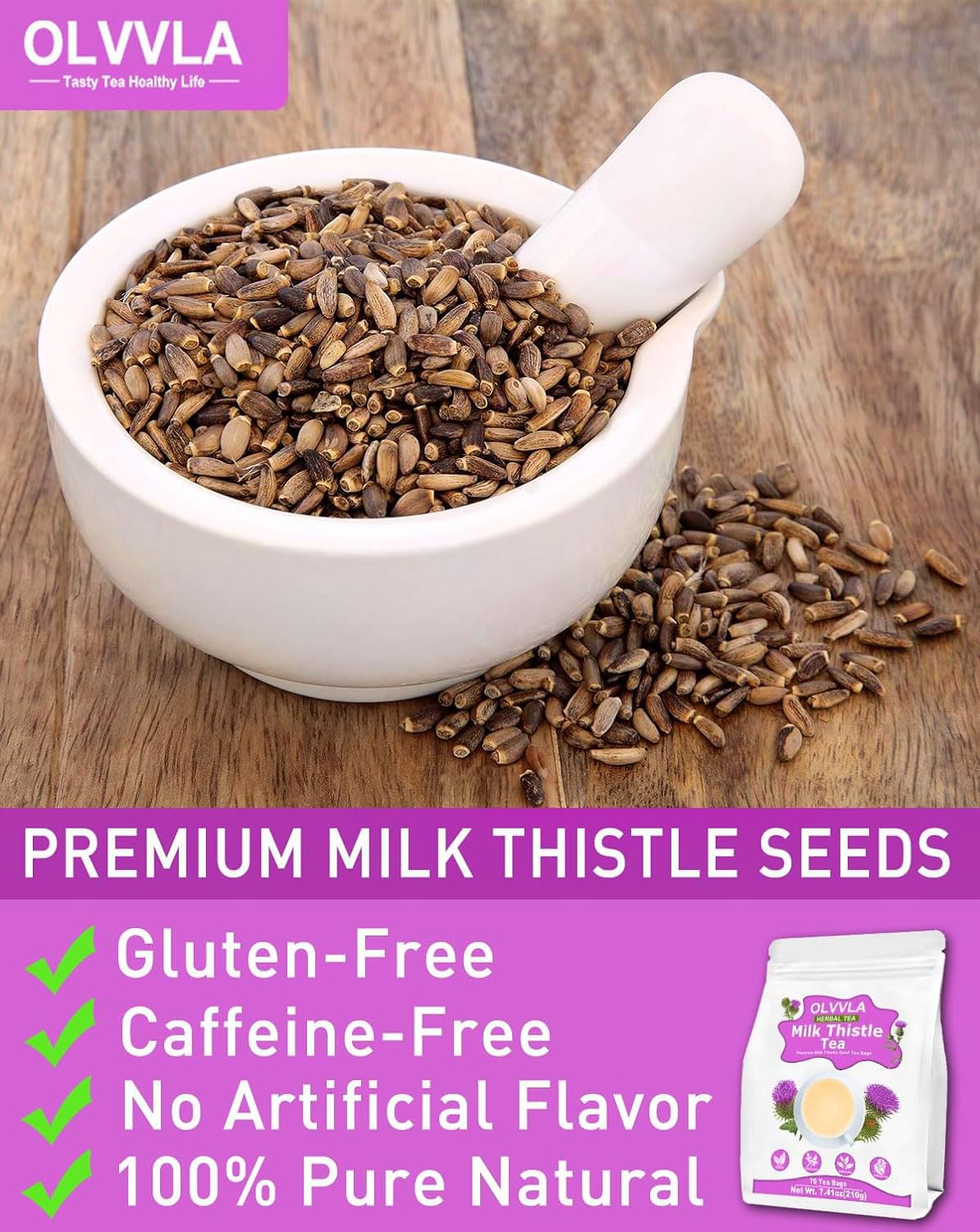Olvvla Premium Milk Thistle Tea Bags - 70 Count - 100% Natural, Caffeine-free, Non-GMO Herbal Tea