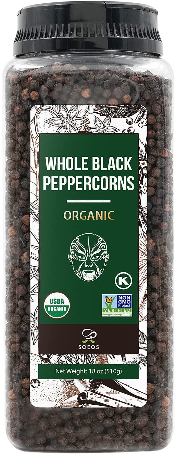 Soeos Organic Black Peppercorns, 18oz (Pack of 1), Non-GMO, Kosher, Packed to Keep Peppers Fresh, Peppercorn for Grinder Refill,